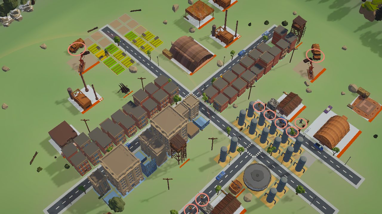 A zoned city with homes, shops and factories
